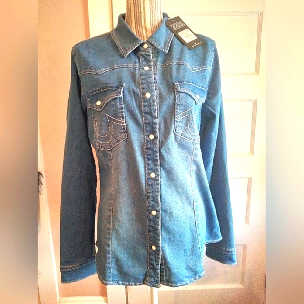 True Religion Pearl Snap Western Denim Shirt - l & xl